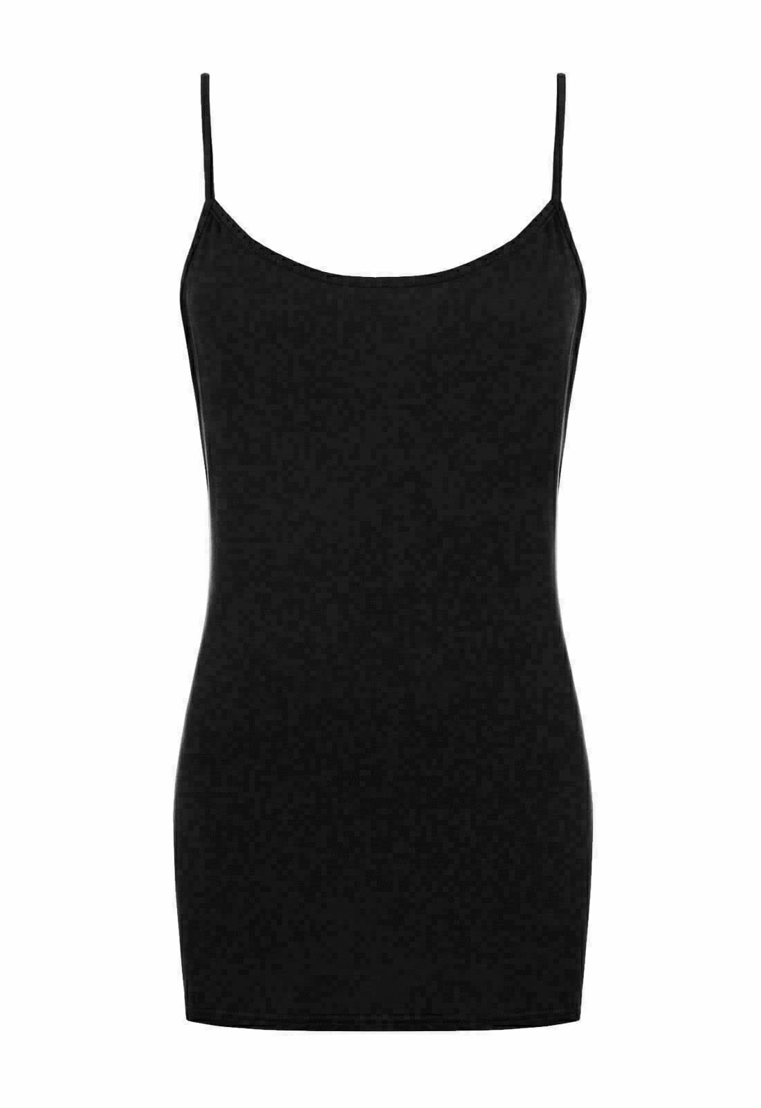 Fairy Boutique Women's Black Sleeveless Plain Stretch Long Strappy T-Shirt Scoop Neckline Camisole Vest Tank Top