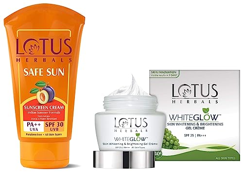 Image of Lotus Herbals Whiteglow Skin Whitening & Brightening Gel Cream, SPF-25, 40g & Safe Sun Block Cream SPF 30, 100g