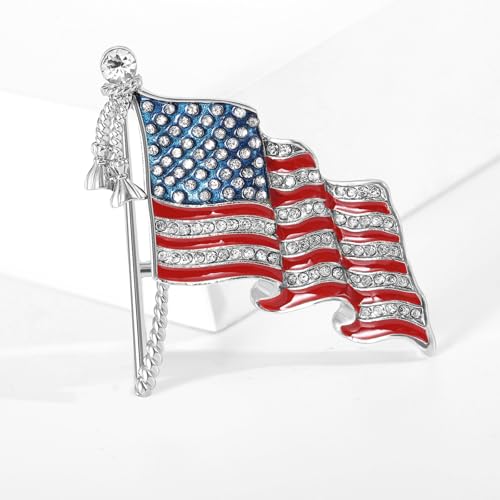 Image of Patriotic USA Flag Brooch Pin for Women Fashion Crystal Blue Red Independence Memorial Day Lapel Pin 4th of July Dress Accessories