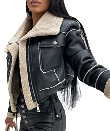 Sexyshine Women's Faux Shearing Moto Bomber Jacket Sherpa-Lined Coat Winter Aviator Leather Coat Outerwear(23744Bl,L) #TOP1