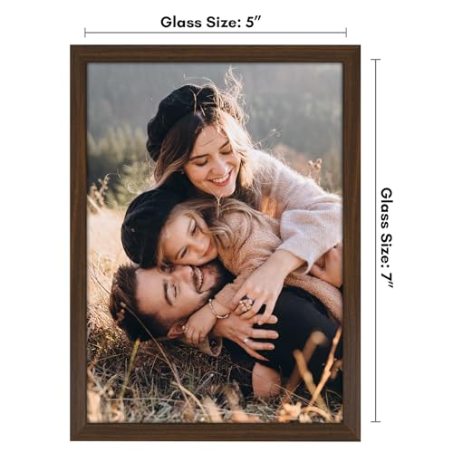 Americanflat 5x7 Picture Frame with Shatter-Resistant Glass - Streamline Collection - Thin Border Photo Frame for Tabletop and Wall Display - Hanging Hardware and Easel Stand Included - Walnut
