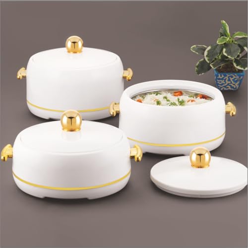 Image of Modware Atlantis Casserole Set of 3-1500ml /2000ml /2500ml Elegant Design Premium Hot Pot, Retains Temperature for Hours, Insulated Inner Steel Casserole for Roti Hot Box for Home Chapati Box (White)