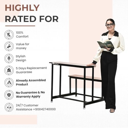 Image of GOYALSON School Home Tution College Bench Duel Desk Student Bench Cum Duel Desk Strong and Sturdy Metal Standard Structure with Wooden Top (2, Teak, Large Class)
