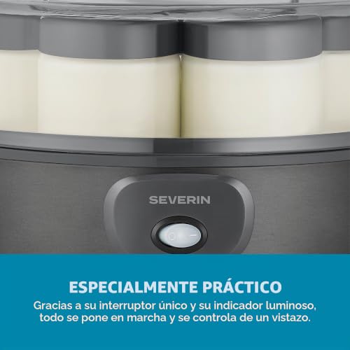 Miniatura 6 de Severin Yogurtera, incluye 7 tarros de yogur de 150 ml para 1 litro de yogur casero, tapa transparente, estilo griego, interruptor basculante, 18 W, acero inoxidable oscuro, JG 3510