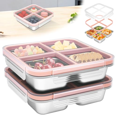 RdjEokf 2 Pack Stainless Steel Snack Box Container, Lunch Box with 4 Compartments, Divided Meal Prep Container with Lid, Food Container for Travel, Outdoor, Camping, Work (Pink)