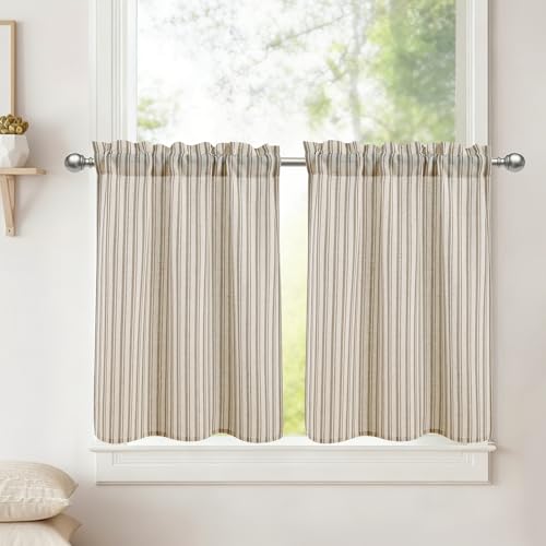 DWCN Rideaux brise-bise aspect lin taupe rayés pour cuisine Rideaux courts Rideaux H45xL60cm 2 pièces Semi-transparents Rideaux modernes pour rideaux de...