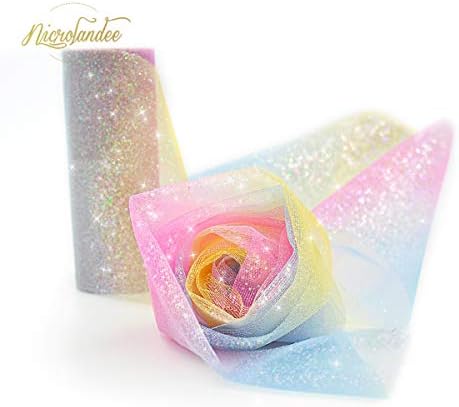 NICROLANDEE Rainbow Glitter Tulle Rolls 6 inch x 10 Yards (30 feet) Shimmer Color for Wedding Unicorn Party Birthday Pastel Baby Shower Table Runner Chair Sash Bow Pet Tutu Skirt Crafting Fabric
