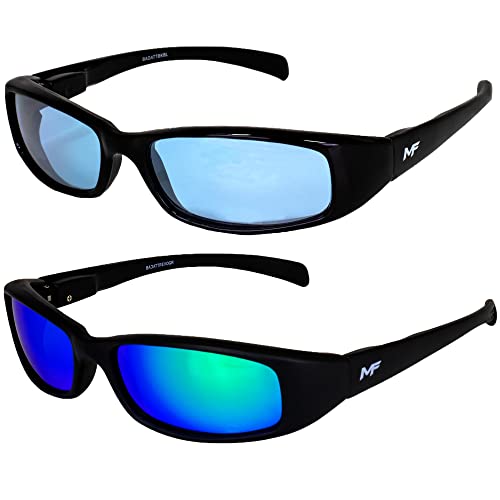 2 Pairs of Bad Attitude Cool Wraparound Motorcycle Sunglasses Black Frames with Blue & Green Mirror Lenses