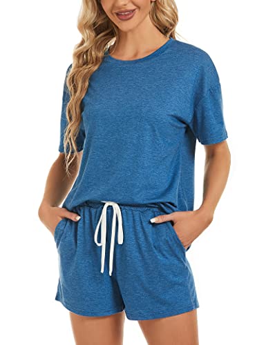 Image of LOCUBE Women's Pajama Set Soft Comfy 2-Piece Short Sleeve Lounge Sleepwear with Drawstring Shorts and Pockets
