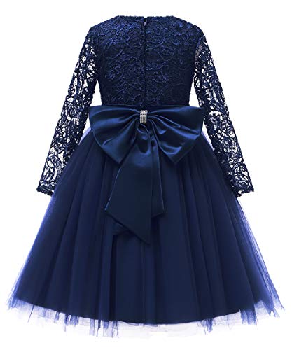Flower Girl Dress Long Sleeves Lace Top Tulle Skirt Girls Lace Party Dresses (Size 4,Navy) #TOP1