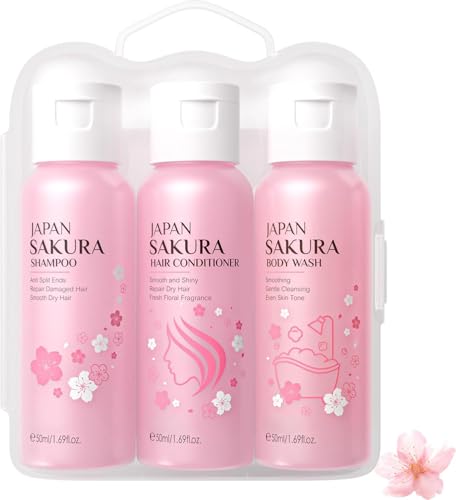 Sakura Reisegröße Set Pflege 3-teilig mit Shampoo Conditioner & Duschgel Feuchtigkeitsspendendes Haar- & Körperpflege Set für Reise Urlaub & Fitnessstudio Mit frischem Sakura-Duft