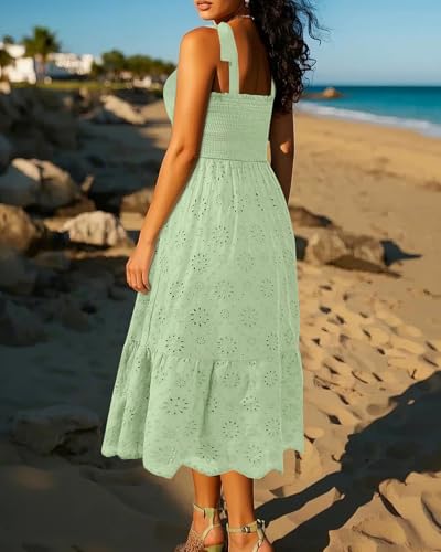 Image of Pinup Fashion Plus Size Summer Sun Smocked Eyelet Tie Straps Midi Dress | Adjustable tie straps, square neck, high waist, flowy tiered A-line, perfect for casual beach, holiday vacation, photoshoot