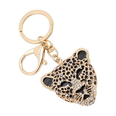 BAOFUYA Leopard Keychain Fashion Crystal Leopard Jaguar Head Key Ring Leopard Head Car Bag Pendant Gold Cover
