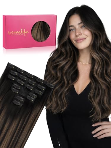 WENNALIFE Seamless Clip in Hair Extensions Real Human Hair, 24 Inch 140g Balayage Natural Black to Chestnut Brown Invisible PU Skin Weft, Natural Thick Real Hair Clip Ins for Women, Soft Remy Hair