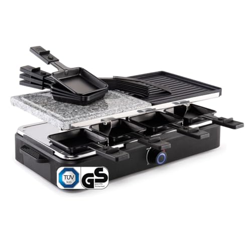 Raclette Grill für 8 Personen elektrisch TÜV/GS-Zeichen Raclettegrill Antihaftbeschichtung Tischgrill Grillplatte antihaftbeschichtet 8 Pfannen und Spatel 1400 W