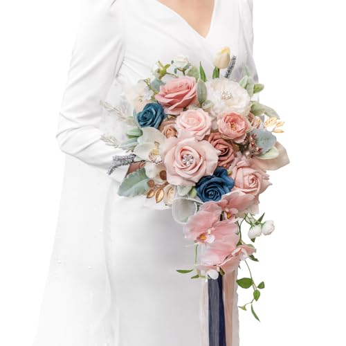 TINGE TIME 13 Inch Artificial Flower Wedding Bouquets for Bride, Cascading Bridal Bouquet for Wedding Bouquet for Wedding Ceremony and Anniversary（Dusty Rose & Navy Blue）