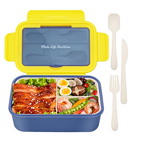 BIBURY Bento Box, 1400ml Leakproof Lunch Box for Adults and Kids, Food Container with 3 Compartments and Cutlery, Dishwasher/FDA Approved/BPA Free Meal Prep Containers Sandwich Box