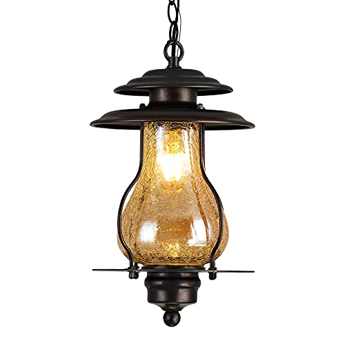 Gzbtech Outdoor Pendant Hanging Lights For Porch,Farmhouse Exterior Pendant Lantern,Waterproof Patio Light Fixture With Matte Coffee Metal And Faux Cracked Glass For Gazebo Entryway Height Adjustable #TOP26
