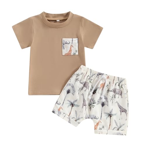 Toddler Baby Boy Summer Clothes Short Sleeve T-Shirt Tee Animal Tree Rolled Shorts Casual Clothes Set (Khaki, 12-18 Months)