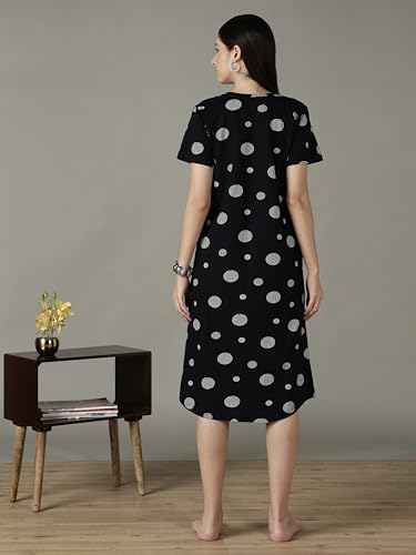 Image of 9shines Label Hosiery Cotton Knee Length Short Night Dress | Short Nighty for Women with Pocket | Graphic Print Nightwear | Night Gown for Women (M-7XL)