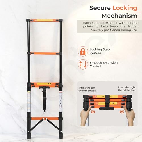 Image of Plantex 1.9m (6.23 ft.) Telescopic Ladder /Carbon Steel 5-Steps Portable & Compact Ladder /Foldable Multipurpose Collapsible Ladder for Home & Outdoor Use - (Orange)