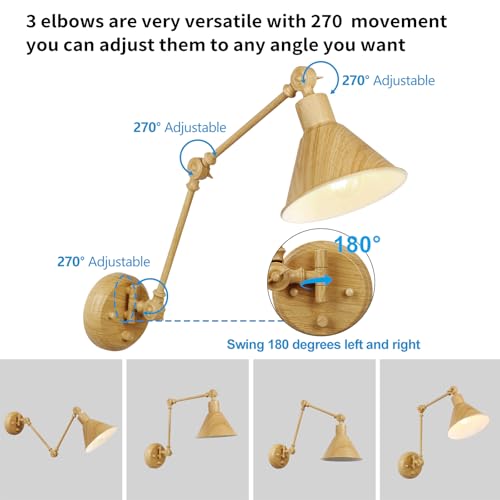 Image of TRLIFE Wall Sconce Plug in, Dimmable Wall Sconce with Switch Swing Arm Wall Lights Plug in Wall Light Wall Sconces Lighting with 6FT Plug in Cord, E26 Base(1 Pack, Oak Color)