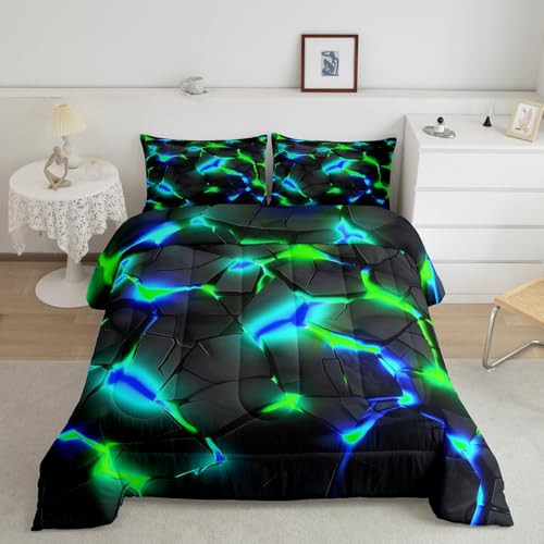 Image of Feelyou Kids Honeycomb Bedding Set King Size, Blue Green Hexagonal Duvet Insert Geometrical Comforter Set Boys Girls Teens Bedroom Decor Microfiber Bed Set