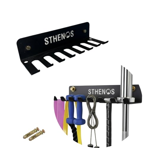 Image of Wall Mount Gym Rack - Heavy-duty 8-hook steel organizer for barbells, bands, ropes & gym gear. Space-saving wall holder for home, garage & commercial gyms (Pack of 2)