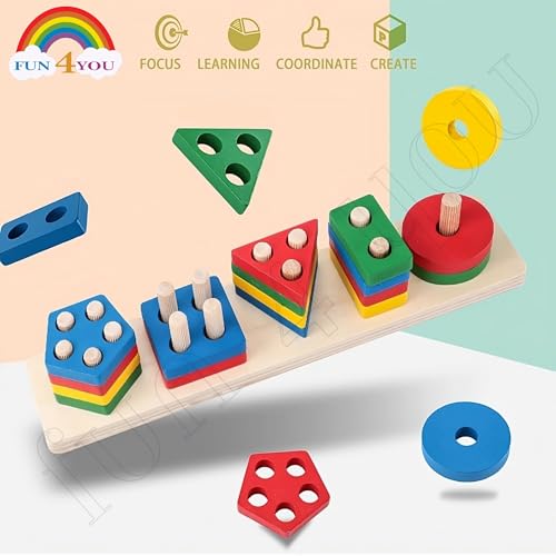 Image of Fun4You Wooden Shape Sorter Toys for Kids 2-4 Years | Montessori Peg Board Blocks Game with Geometric Shapes, Stacking & Counting Puzzle, Educational Wooden Toy, Birthday Gift for 2 Year Boy & Girl
