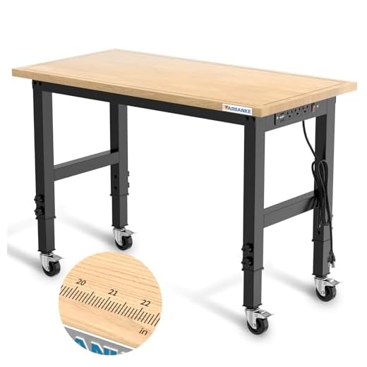 48" Heavy-Duty Adjustable Workbench with Brake Wheels,Hardwood Worktable Weight Capacity Over 2000 Lbs,Rubber Wood Workbench has Adjustable 5 Different Heights,for Workshop,Garage,Office,Home
