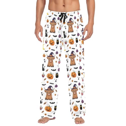 Men's Pajama Bottom Highland Cow Witches Hat Halloween Cotton Pajama Pants Drawstring Sleepwear Long Pants Pockets