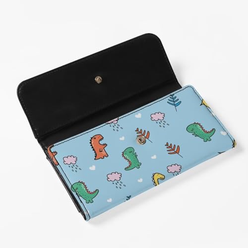 Image of AFPANQZ Cute Cartoon Dinosaur Clutch Wallet for Teen Girls Leather Trifold Multi Card Holder Slots Wallet, Elegant Leather Clutch Long Purse Portable Travel Purses with Phone Card Holder