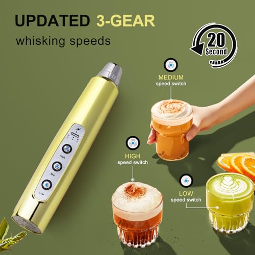 Image of YUSWKO Champagne Gold Handheld Milk Frother Wand for Coffee, Rechargeable Electric Whisk with 3 Heads 3 Speeds Drink Mixer Coffee Frother For Latte, Cappuccino, Hot Chocolate, Egg