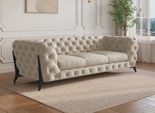 DecoInParis Canapé Fixe 3 Places capitonné Chesterfield Velours Beige Carmen