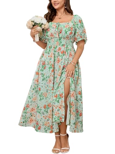 SHESTARR Womens Plus Size Summer Milkmaid Dress Short Sleeve Square Neck Tie Front Split A-Line Boho Casual Dress Green Floral