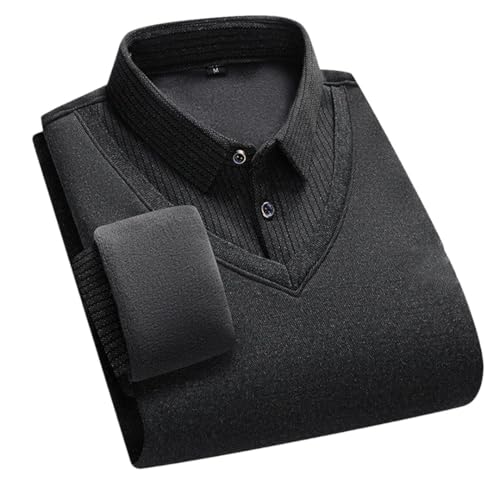 Men's Fleece Lined Sweater Polo Collar Pullover Tops Fake Two Piece Business Pullovers Thick Clothes