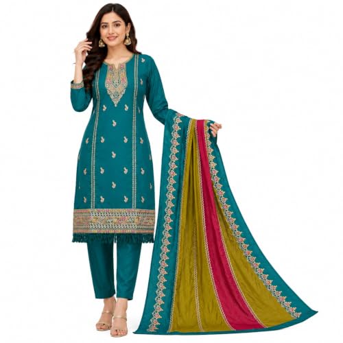 Image of Women's Embroidered Pant with Dupatta Set Ethnic Straight| Traditional Elegant Embroidery Work | Regular Fit | Three-Piece Ethnic Dress Set