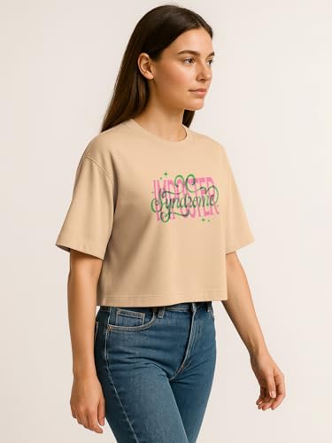 Image of HELLCAT Beige Printed Loose Fit Crew-Neck Crop T-Shirt for Women