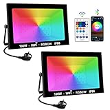 T-SUNUS LED Strahler Außen RGB 100W, RGB Strahler Outdoor WIFI mit Fernbedienung Bluetooth APP, IP66 Wasserdicht Flutlichtstrahler für Garten Party Halloween Weihnachten