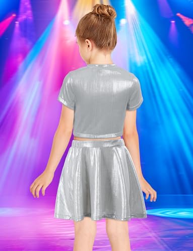 Image of Happy Cherry Kid Girl Shiny Skirt and Top Set 2 Piece Texture Ribbed Metallic Disco Rave Cheer Outfit 4-12T