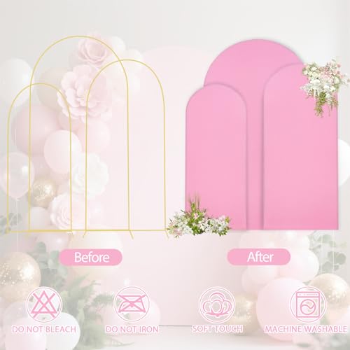 WEERRW Wedding Arch Cover Pink Spandex Fitted Set of 3 Balloon Arch Stand Covers Round Top Chiara Stretchy Backdrop for Birthday Party Baby Shower Banquet Decoration (6FT, 6.6FT, 7.2FT) - image 4