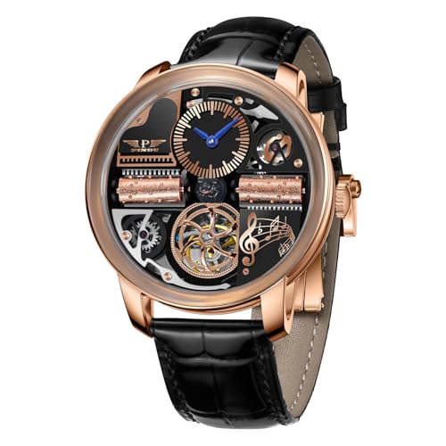 PINDUER Music Box Style Automatic Watch for Men – 50M Waterproof Unique 3D Aeronautical Skeleton Dial, Mechanical Self-Winding Movement, No Sound/No Music (6655-Rose Gold Case)