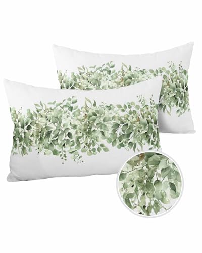 Sage Green Eucalyptus Outdoor Pillow Cover 12x20 Inch Cushion Sham Case,Waterproof Decorative Lumbar Throw Pillowcase for Outside Garden Patio Couch Chair Tent Country Nature Plant Leaves Botany White