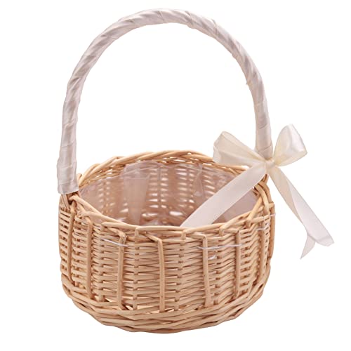 Dropfree Panier de Fleurs Tissé en Osier, avec Poignée et Blanc, Paniers de Fille de de Mariage, pour la Décoration de Jardin à (L) (Grand : 19 cm x 10 cm)
