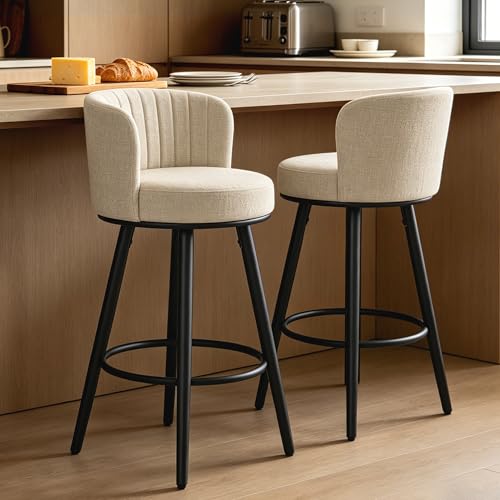 Image of Swivel Bar Stools Set, 28 inch Seat Height, Modern Design, Upholstered Barstools with Back and Footrest, Metal Legs, Suitable for Kitchen Island, Counter, Dining Room