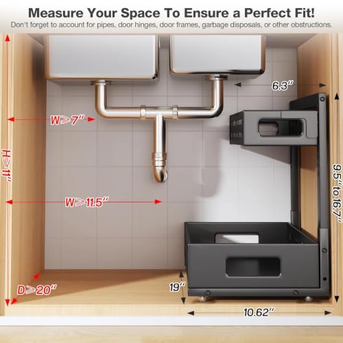 Image of 2 Pack 19IN-Depth Under Sink Organizer,Pull Out Cabinet Organizer With Smooth Cylindrical Rail,Metal Slide Out Drawer for Kitchen Bathroom Laundry,8-Level Tool Free Height Adjustable-Black