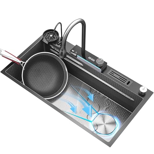 Smart - Fregadero de cocina de acero inoxidable grande con diseño de cascada con pantalla digital y soporte para herramientas, acabado gris pistola (90 x 50 cm)