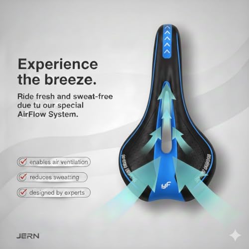 Image of JERN Ergonomic Bicycle Saddle, Memory Foam Comfort Bike Seat with Airflow Vent, Shock Absorption, Anti-Slip Design for MTB, Road, Cycle (Blue)