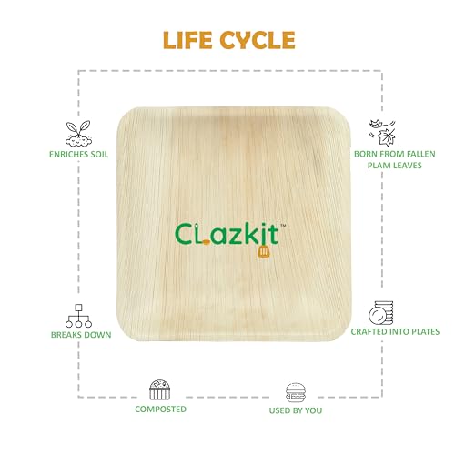 Image of Clazkit 25 Pack Areca Square Palm Leaf Plates| Like Wooden Bamboo | Eco Friendly, Biodegradable, Use and Throw Small Dona | for Serving Pasta, Soup & Snacks | Birthday, Wedding & Party (6 inch X 6 inch)