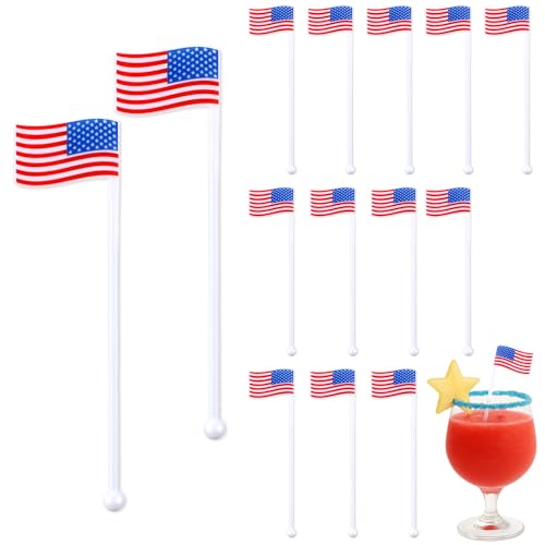 30 Pcs 4th of July Patriotic Cocktail Stirrers Americana Flag Plastic Swizzle Sticks for 250th Anniversary Independence Day Reusable Red Blue White Drink Decoration Party Stir Sticks for Memorial Day